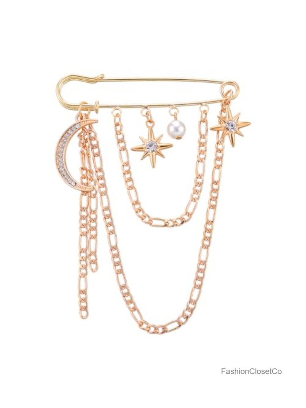 Rhinestone Moon Star Charm Gold Brooch Pin with Chain